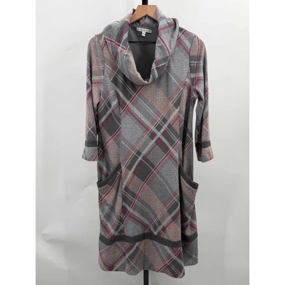 Robbie Bee Plaid Sweater Dress Long Sleeve Round Neck Knit Fall Work Office Gray